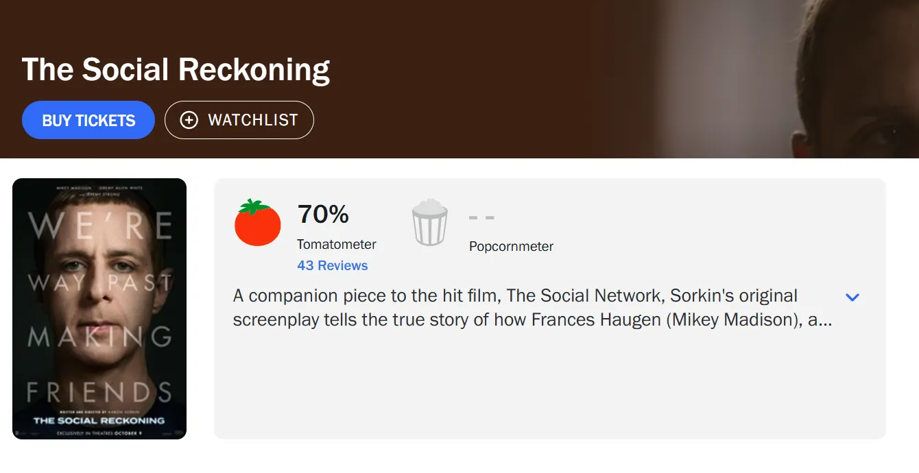 На Rotten Tomatoes фильм Аарона Соркина набрал 70% свежести на основе 43 рецензий критиков