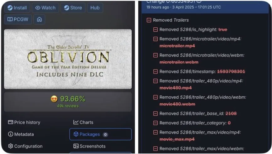 Изменения The Elder Scrolls IV: Oblivion в SteamDB