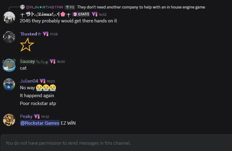 Пользователи сообщали о блокировке отправки сообщений на официальном Discord-сервере Rockstar Games