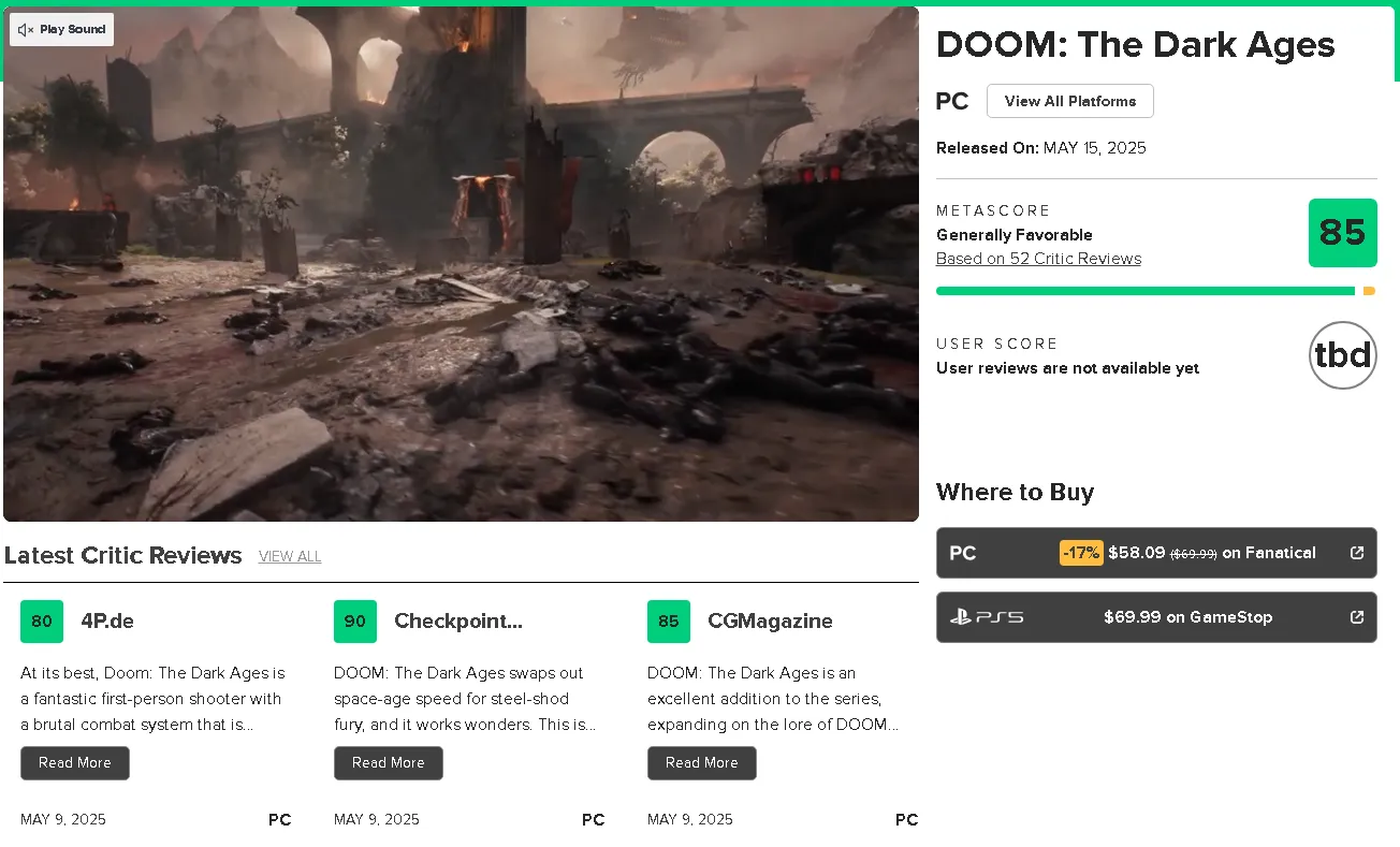 Отзывы о DOOM: The Dark Ages на Metacritic