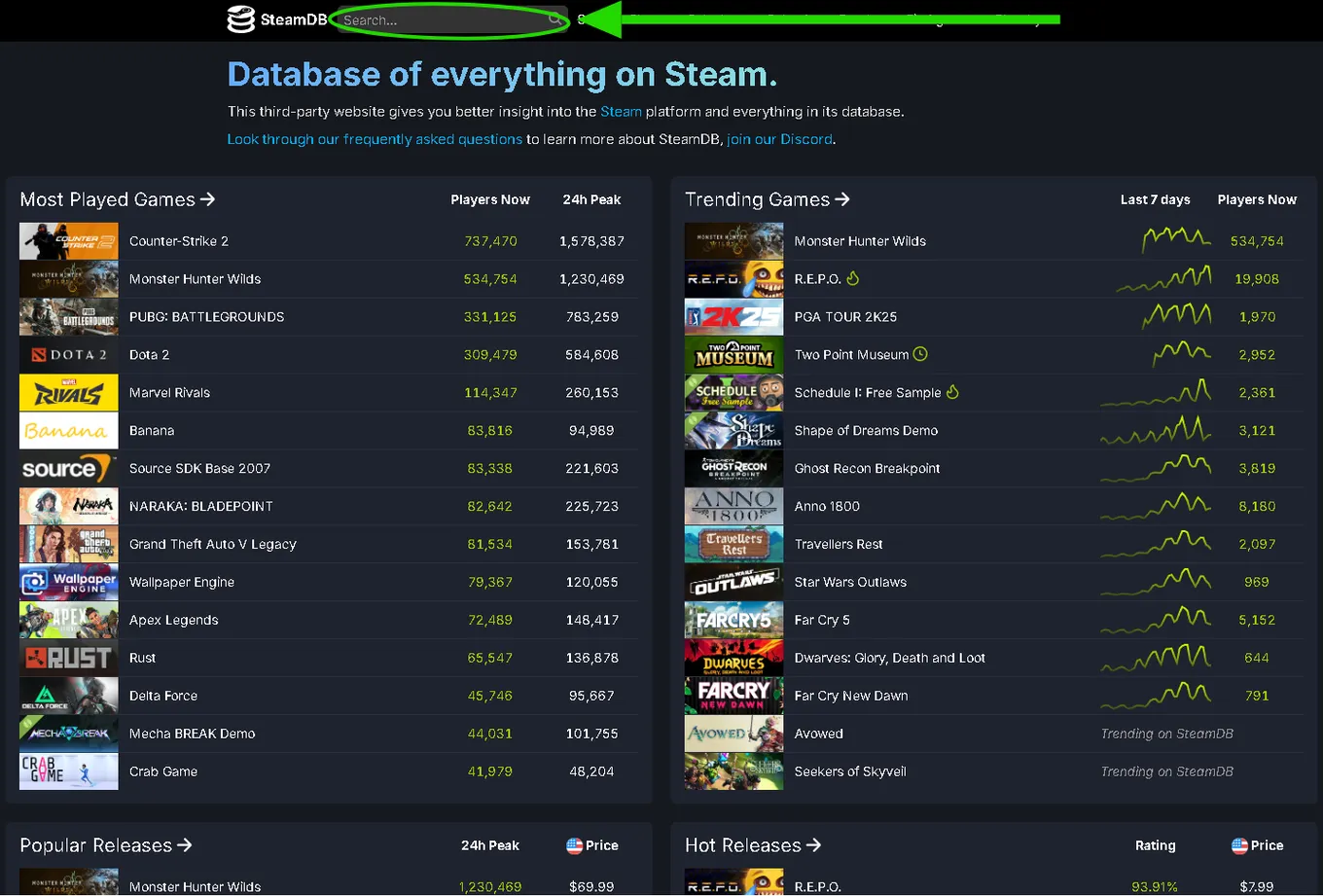 SteamDB – так называемая «стимовская база данных» или же онлайн-сервис для отслеживания информации о Steam-контенте