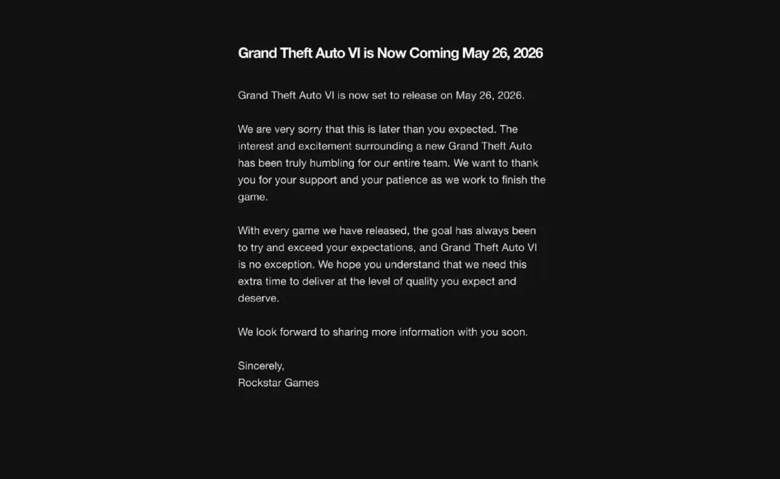 Если верить Rockstar, GTA 6 выйдет лишь 26 мая 2026 года