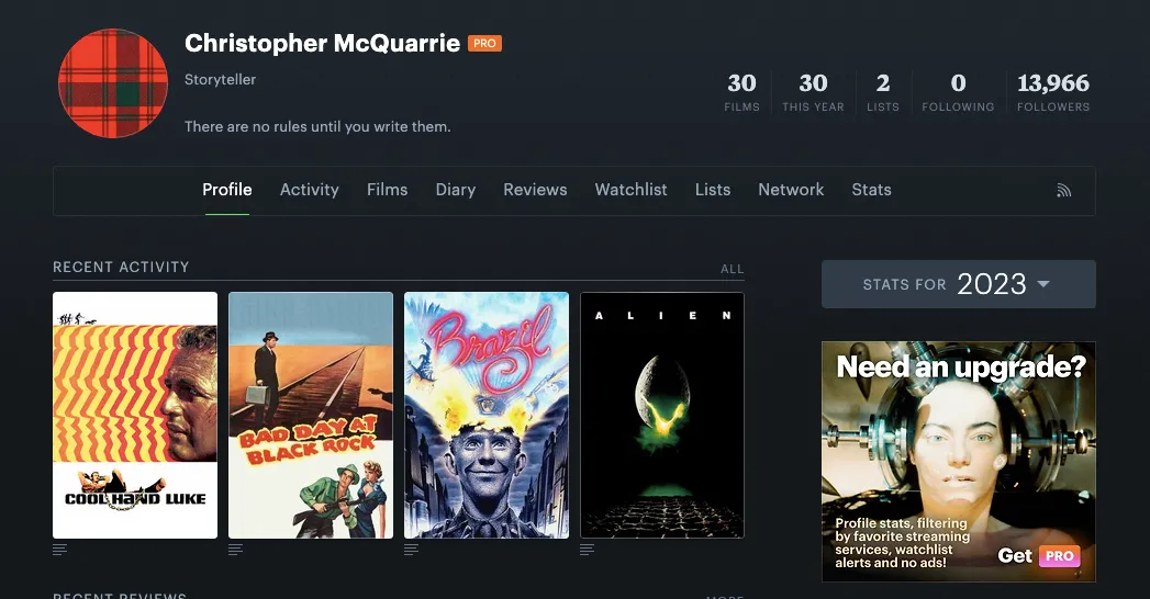 Профиль Кристофера Маккуорри на Letterboxd