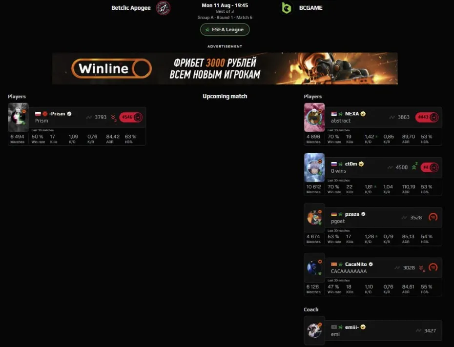 Матч ESL Challenger League Season 50: Europe - Cup #1 на FACEIT