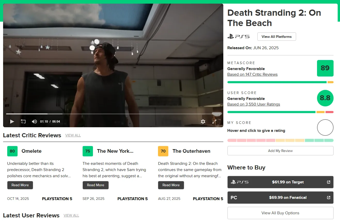 На агрегаторе Metacritic Death Stranding 2: On the Beach держит планку в 89 баллов из 100
