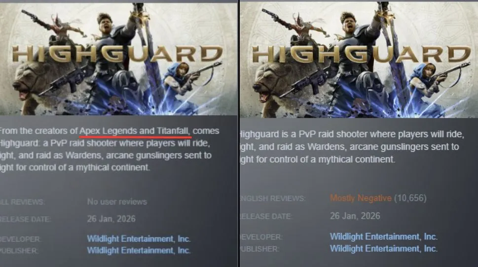 Сравнение описания Highguard в Steam до и после релиза