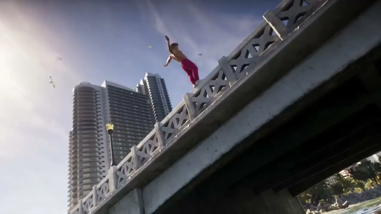 Base jump и переключение персонажей – кадр из Extended Look GTA 6 (Netflix), Rockstar Games