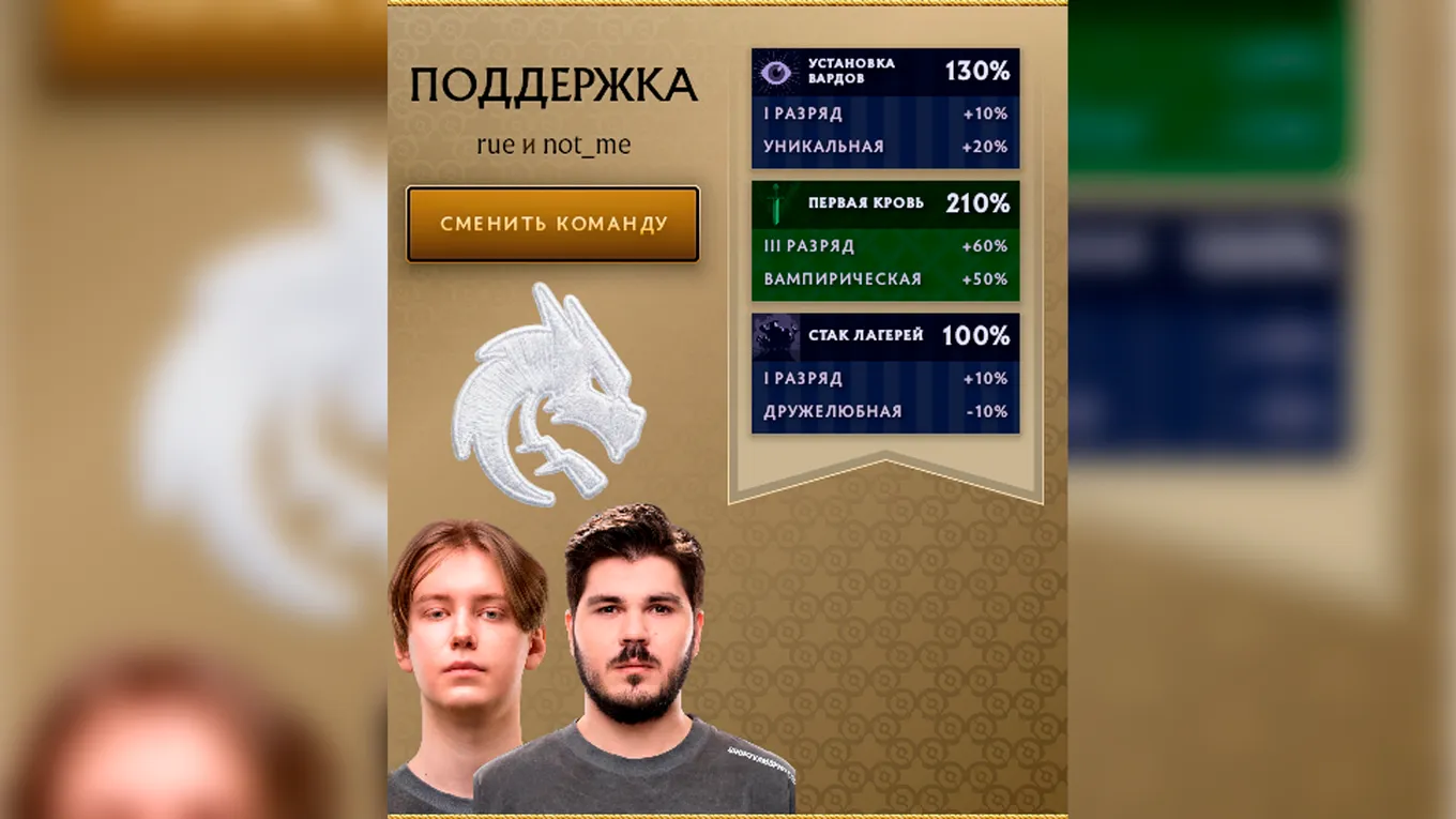 Пример знамени дуэта rue и not me из Team Spirit: бонусы дают вам очки за варды, участие в первом убийстве и уничтожении лесных монстров от обоих игроков