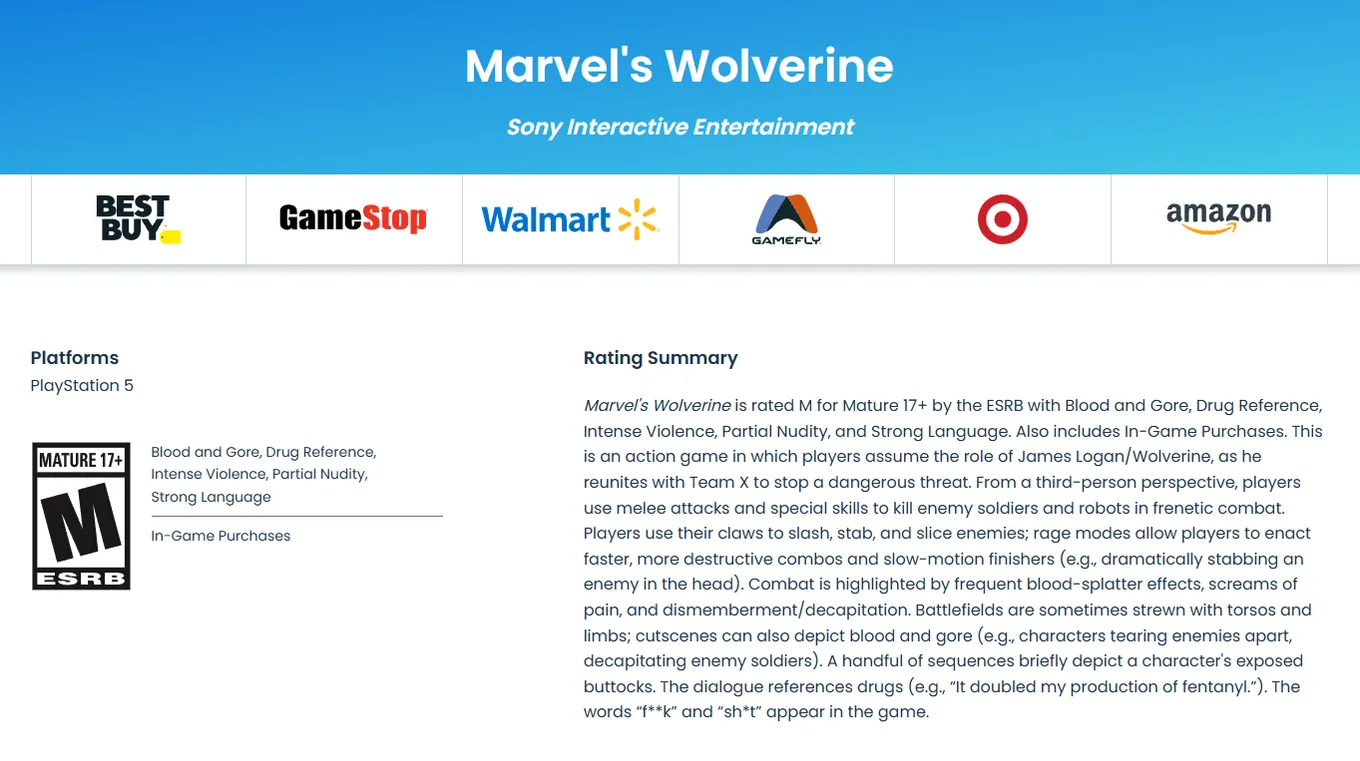 ESRB присвоила Marvel’s Wolverine взрослый рейтинг «Mature 17+»