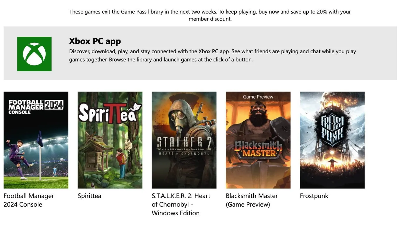 Страница с играми в Game Pass