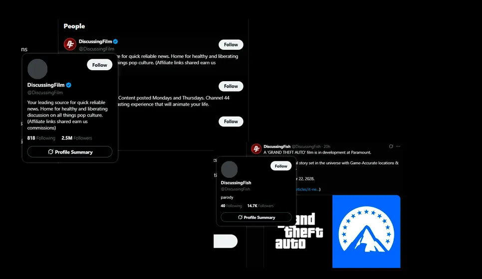 Официальный аккаунт DiscussingFilm и «мемно-пародийно-фейковый» DiscussingFish (ниже)