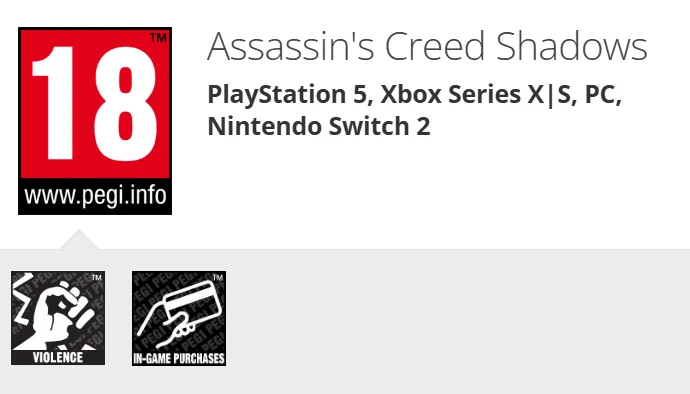 Assassin's Creed: Shadows на сайте PEGI