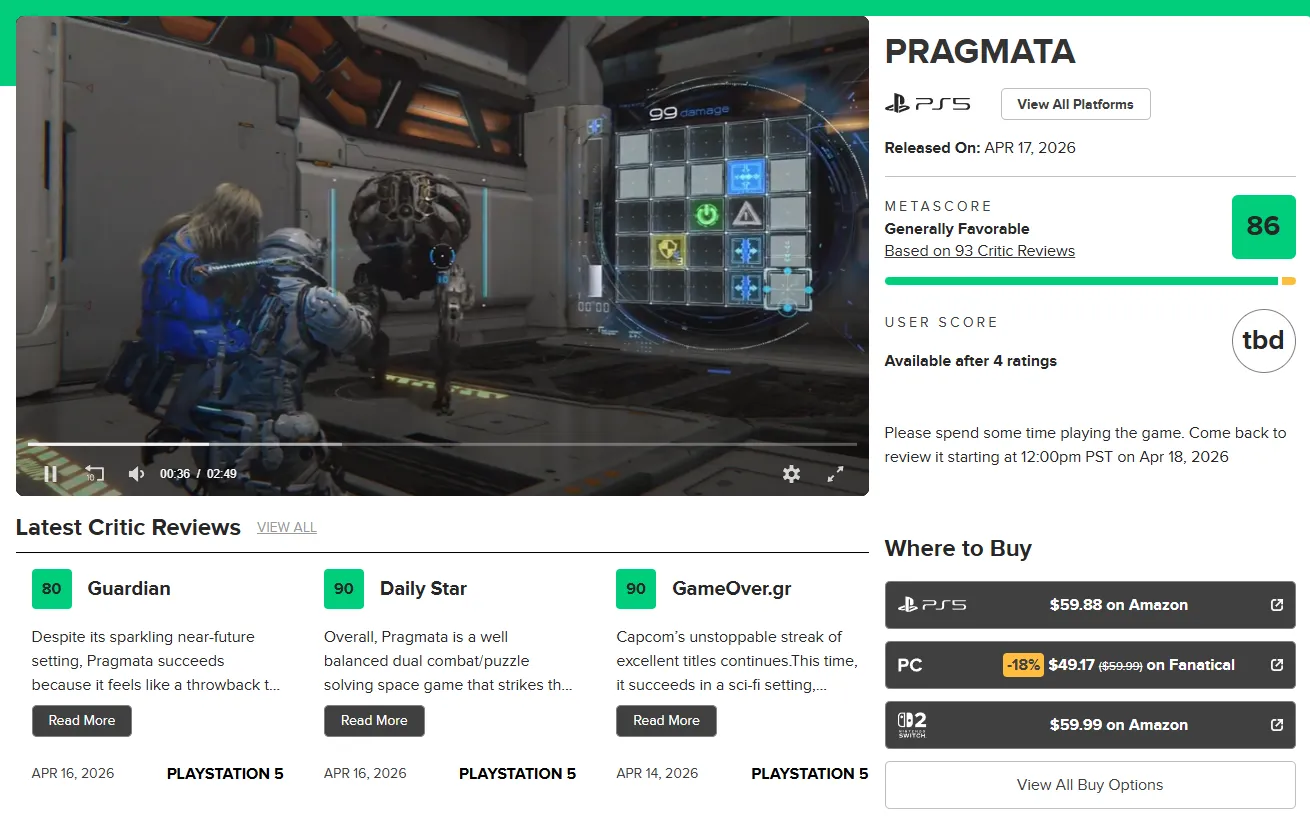 Лучшие оценки на Metacritic Pragmata получила для версий Nintendo Switch 2 и ПК