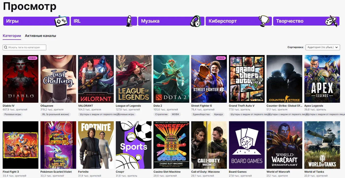 Онлайн различных категорий на Twitch