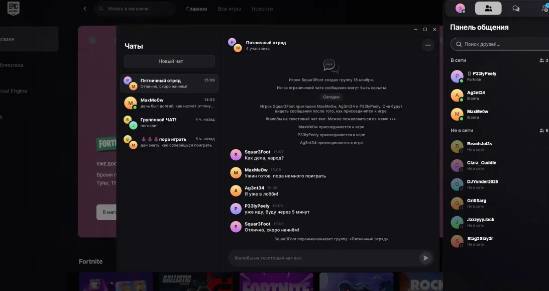 Окно с текстовым чатом в Epic Games Store