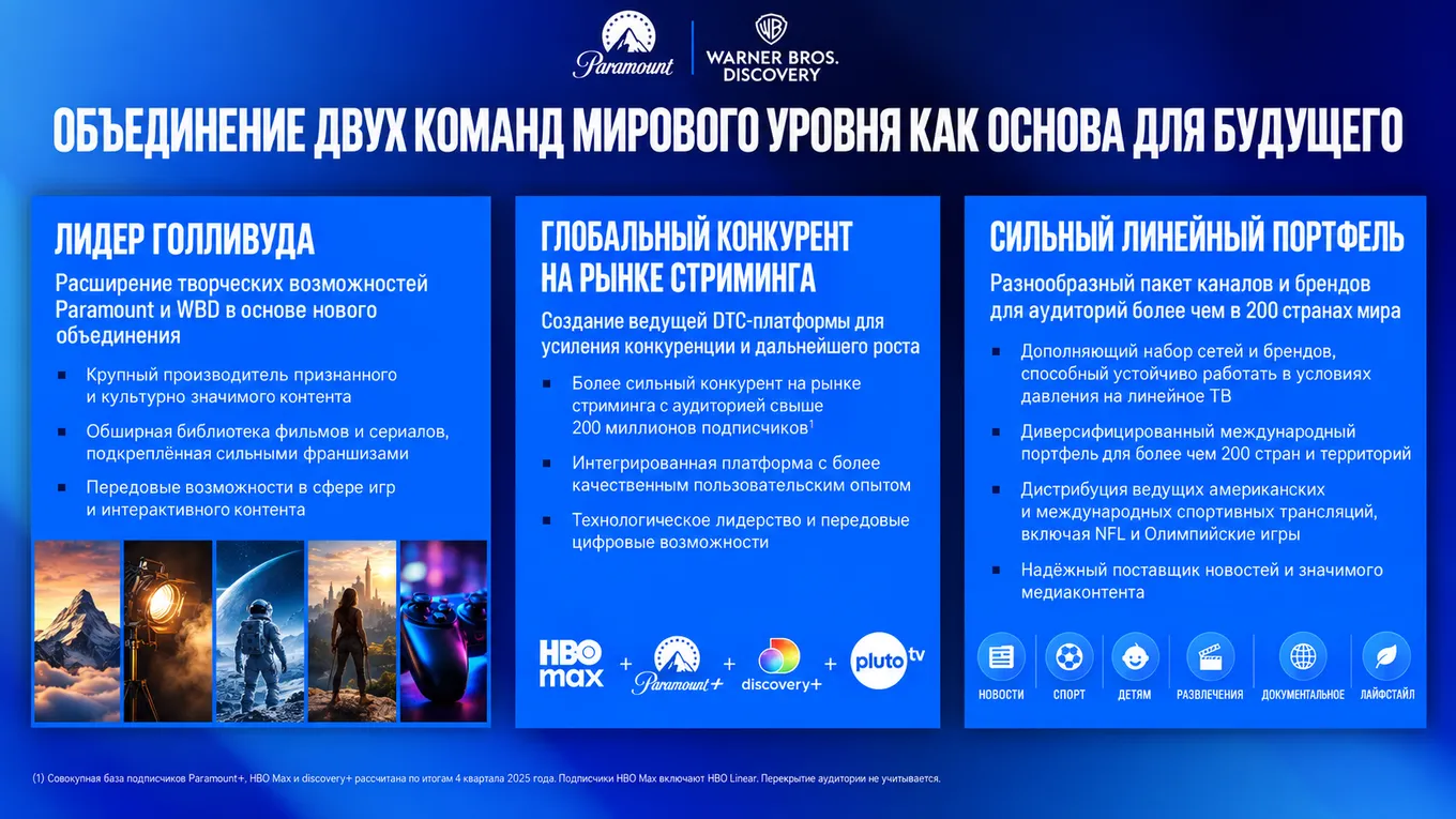 После завершения сделки под одной крышей окажутся сразу три крупных направления бизнеса – кино и производство контента, стриминговые сервисы, а также телевизионные каналы и новостные сети