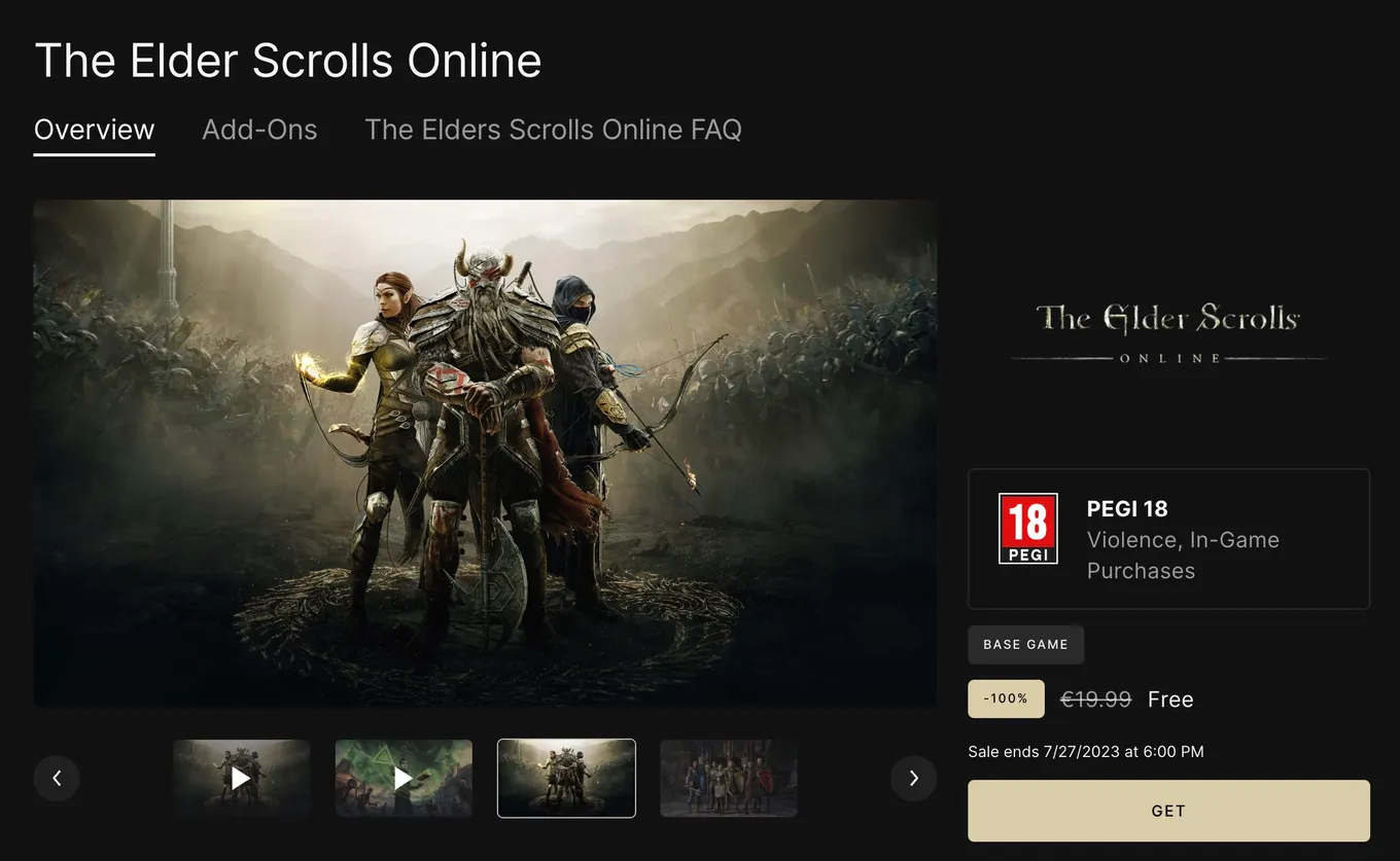 Страница The Elder Scrolls Online в EGS