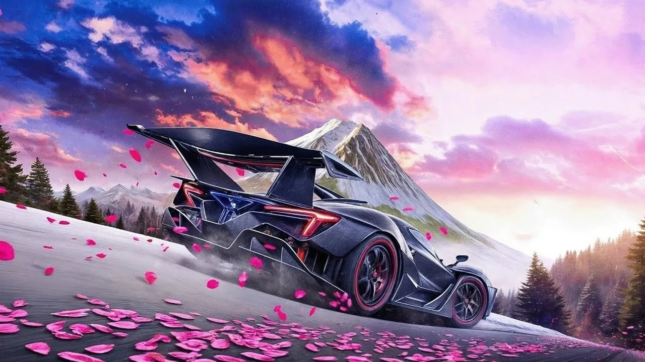 Фанатский арт Forza Horizon 6 с неоновыми цветами на фоне горы Фудзи. В реальности игра не смогла порадовать игроков кастомизацией в таких тонах