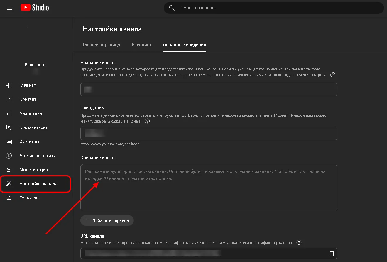 Перейдя в «Управление каналом» на YouTube, зайдите в «Настройки канала» и вставьте скопированный код в описание канала