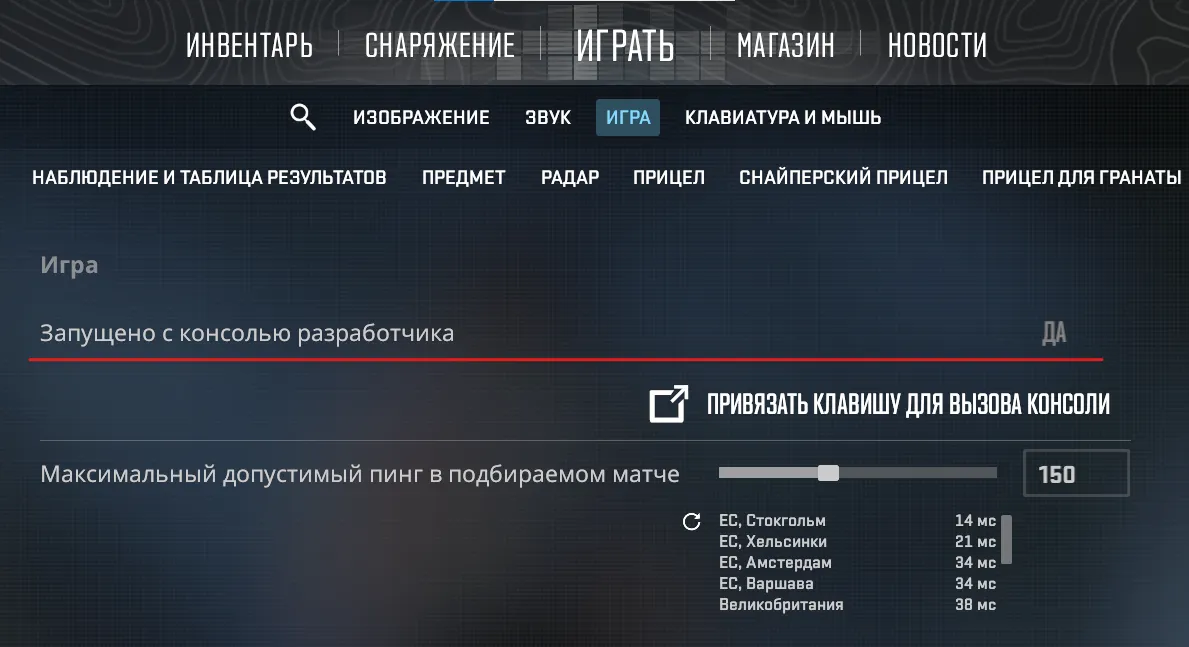 Включение консоли в настройках CS2