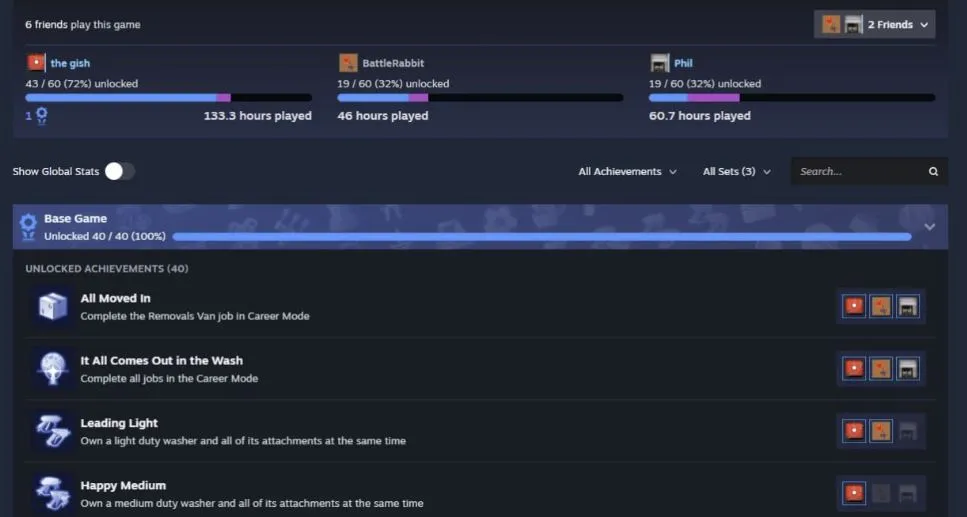 Достижения друзей и основной игры в Steam