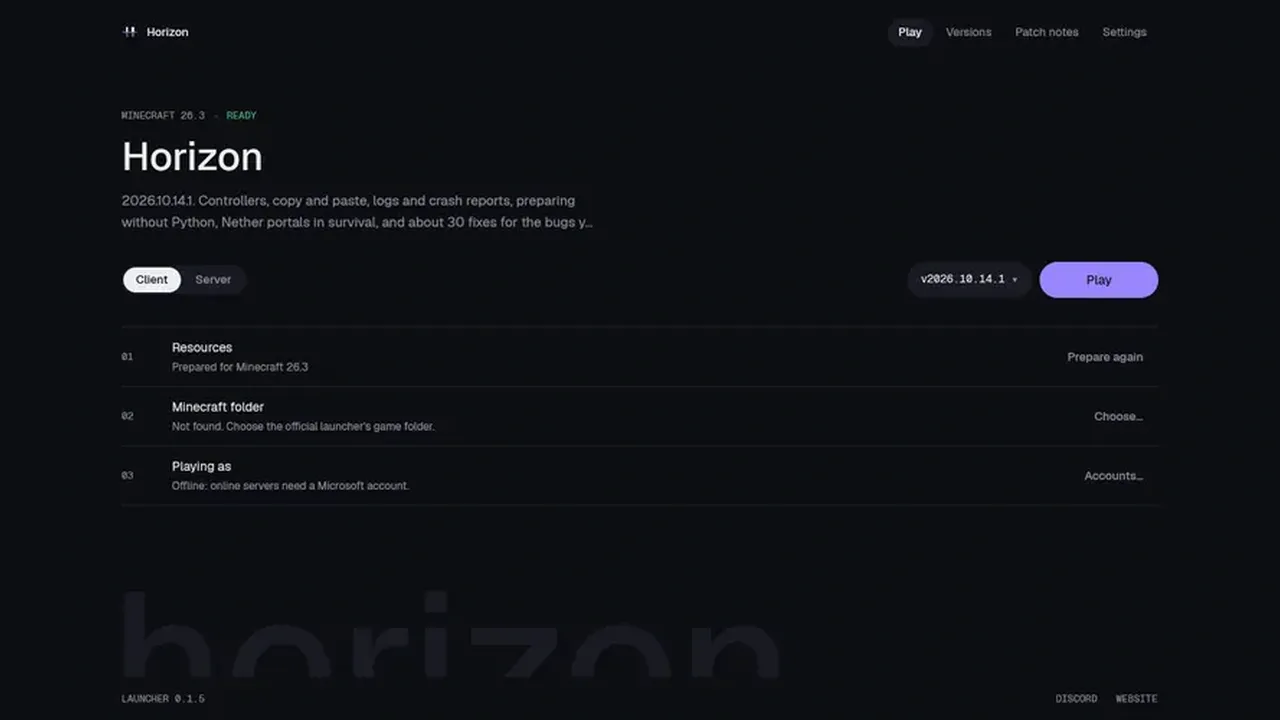 Лаунчер Horizon: выбор версии, подготовка игровых ресурсов и запуск клиента