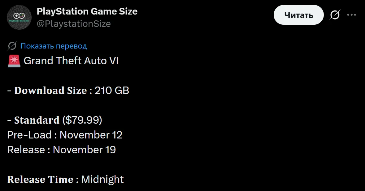 За три недели до релиза Grand Theft Auto VI появились первые данные о размере игры на PlayStation 5