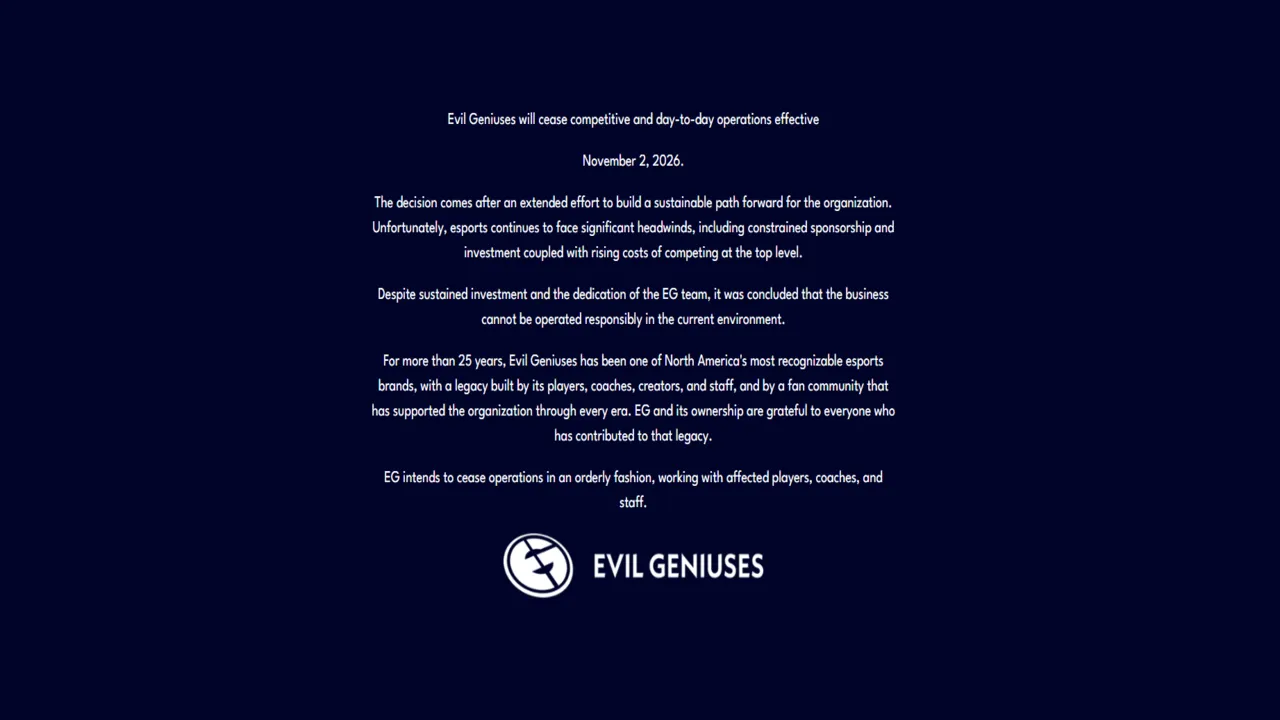 На официальном сайте EG объявлено о прекращении соревновательной и повседневной деятельности со 2 ноября 2026 года