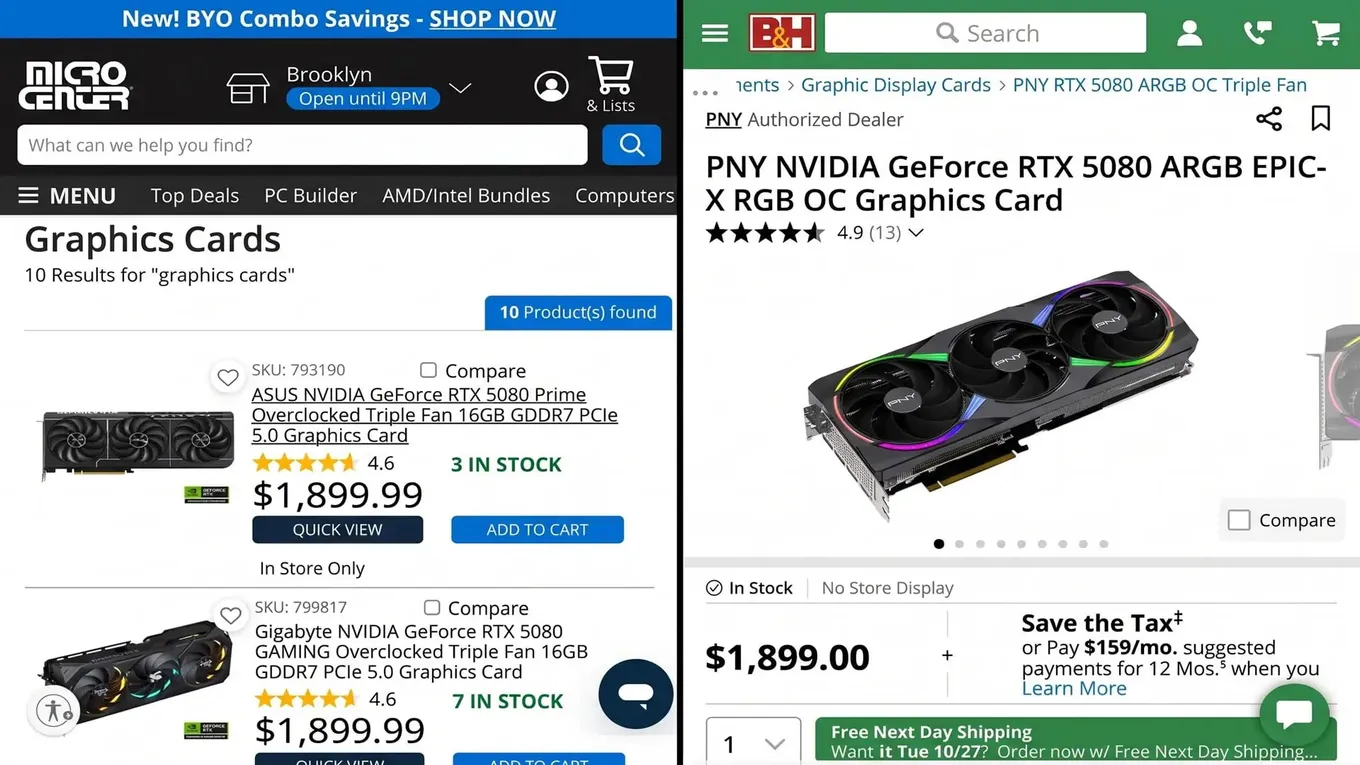 Цены на NVIDIA GeForce RTX 5080 в зарубежных маркетплейсах