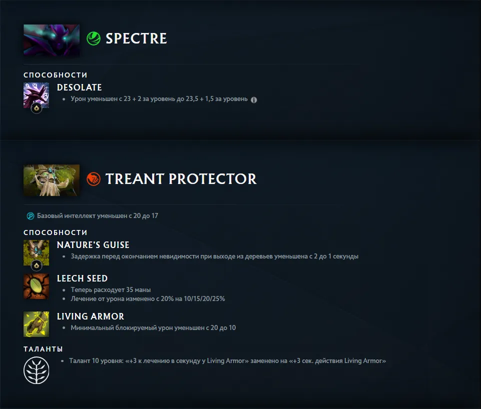 Изменения героев Spectre и Treant Protector в патче 7.41f