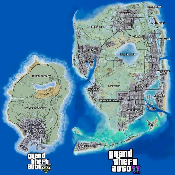Сравнение карты GTA V и предполагаемой карты GTA VI