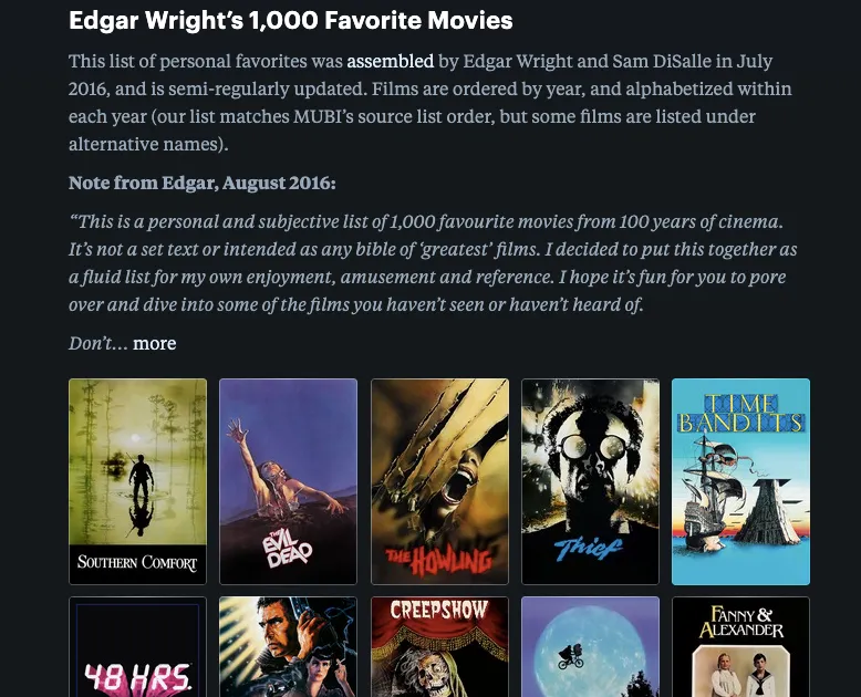 Страница «1000 любимых фильмов Эдгара Райта» на Letterboxd
