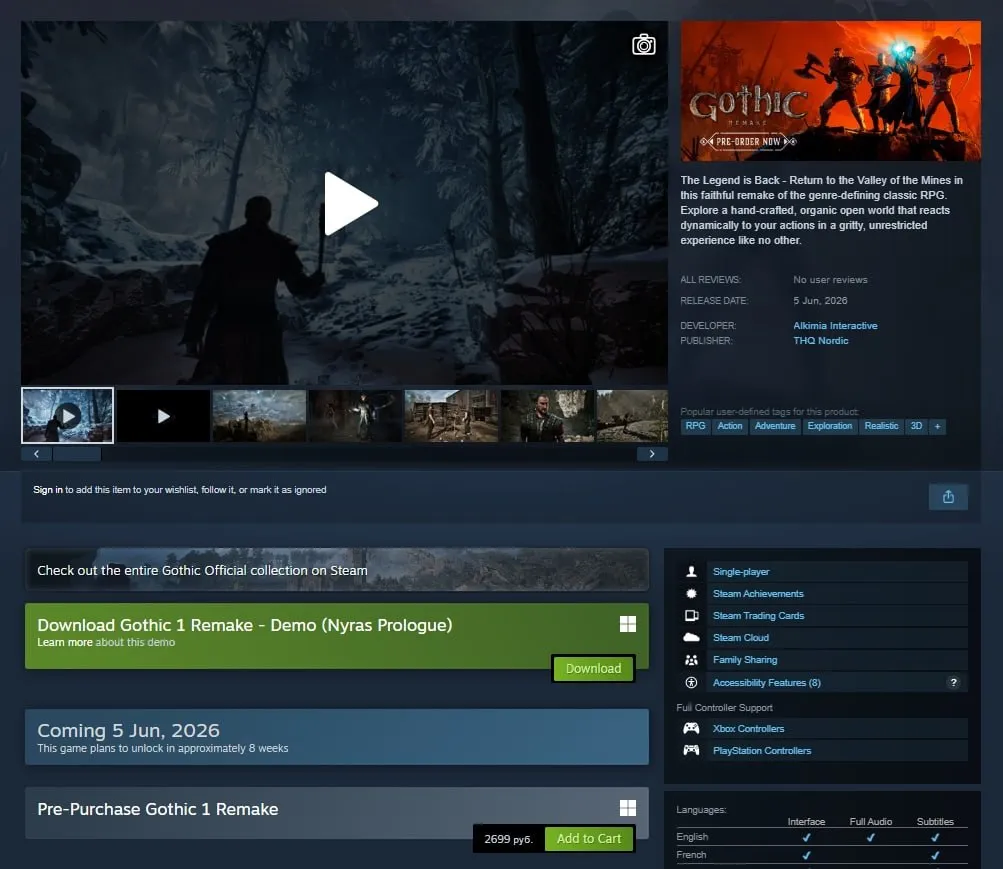 Страница в Steam Gothic 1 Remake