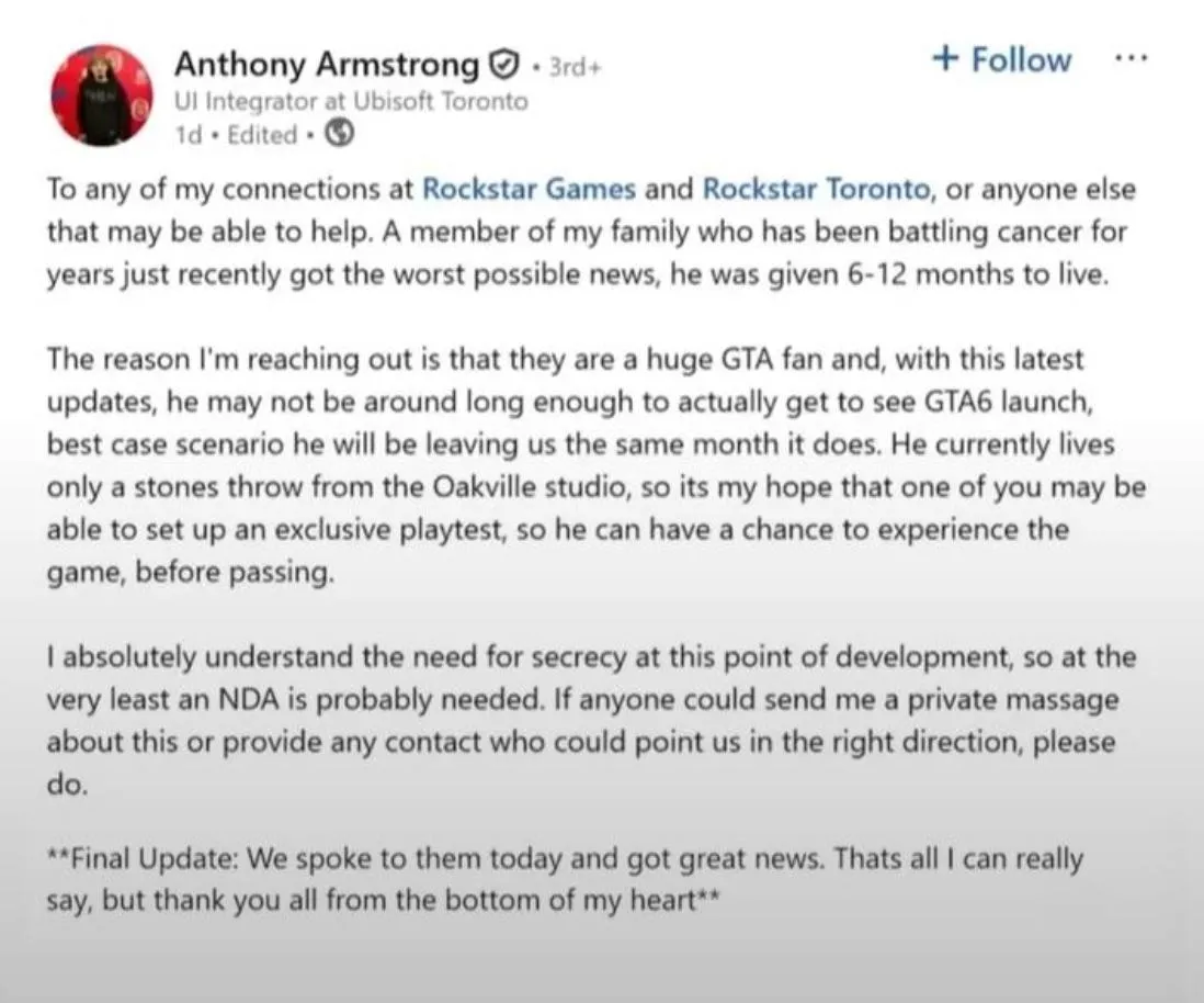 Обращение Энтони Армстронга к сообществу с просьбой помочь фанату GTA 6