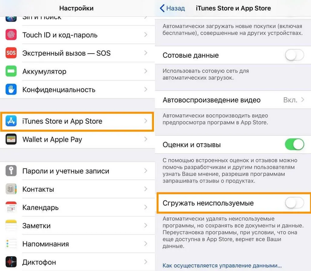 Настройки App Store на iPhone с выключенным пунктом «Сгружать неиспользуемые»