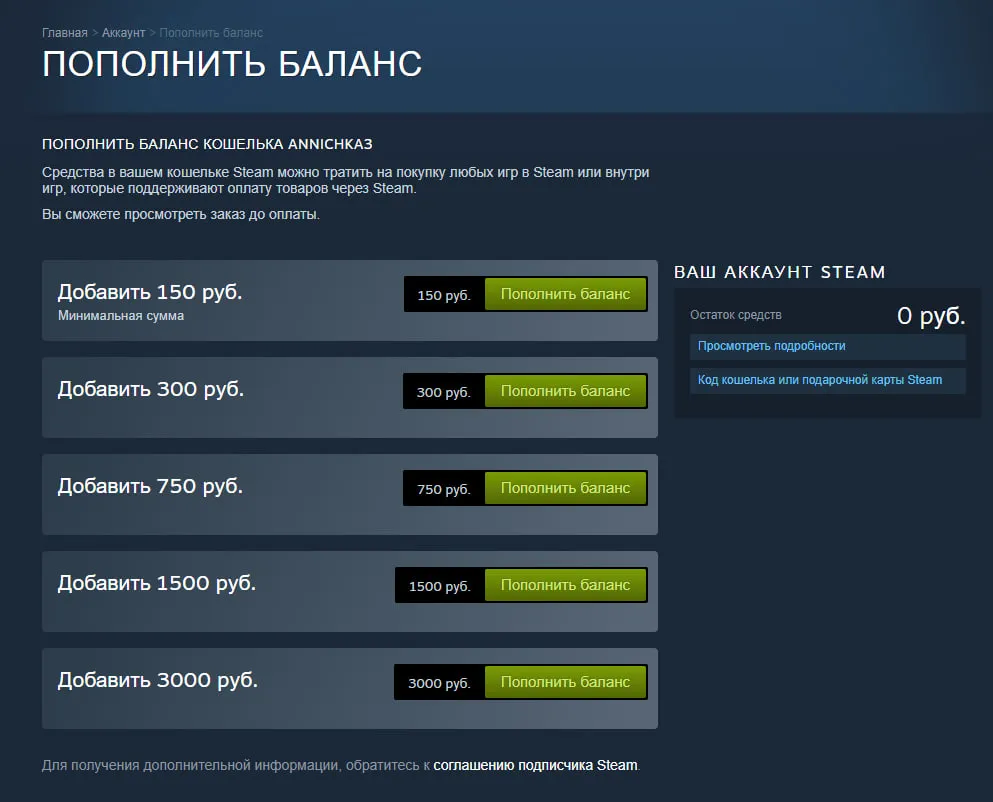 Как выглядит пополнение кошелька через Steam