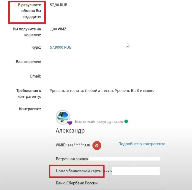 Окно с реквизитами продавца и подробностями операции