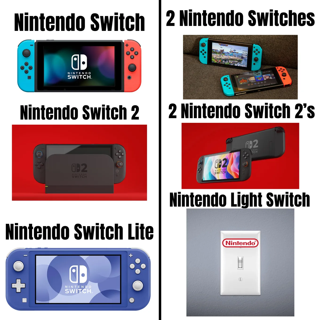 Игра слов: «Nintendo Switch», «Два Nintendo Switch», «Nintedo Switch 2», «Два Nintendo Switch 2», «Nintendo Switch Lite», «Выключатель Nintendo»