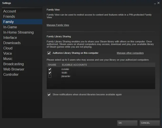 Настройки семейного доступа Steam