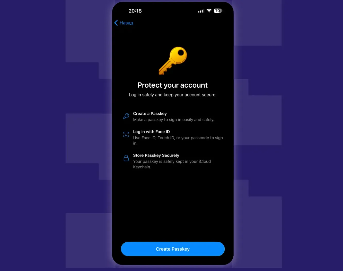 Функция авторизации через ключи доступа Passkey