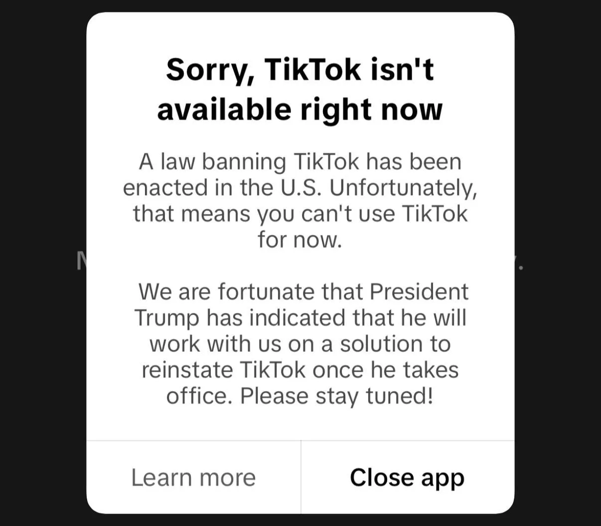 Сообщение об ошибке в американском TikTok