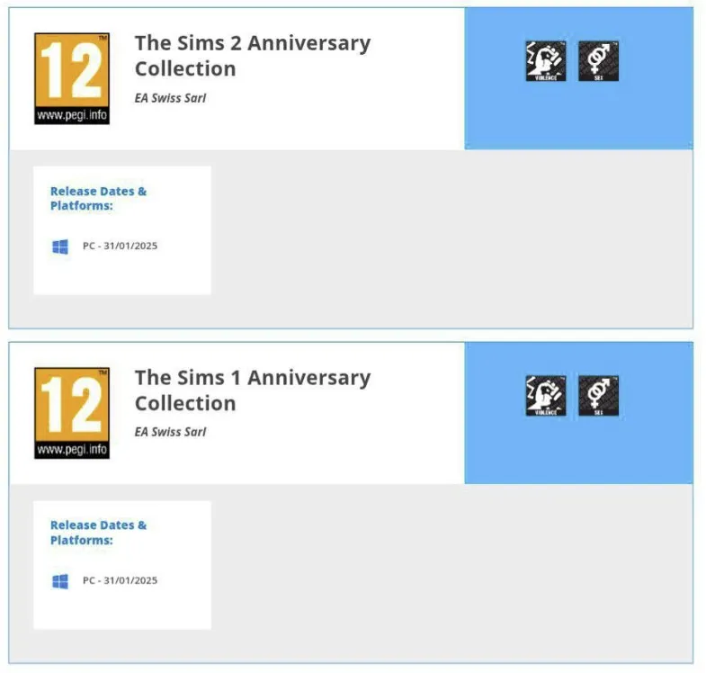 Дата выхода переиздания The Sims 1 и 2 (PEGI)