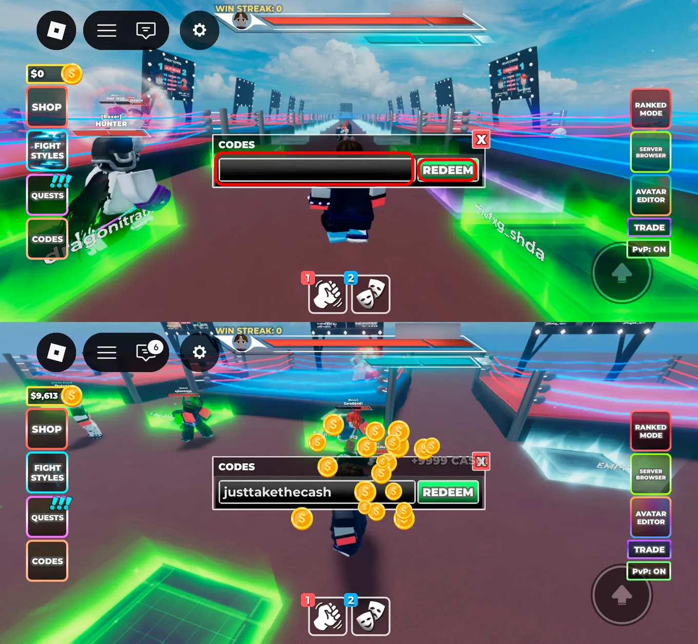 Куда вводить коды в Untitled Boxing Game