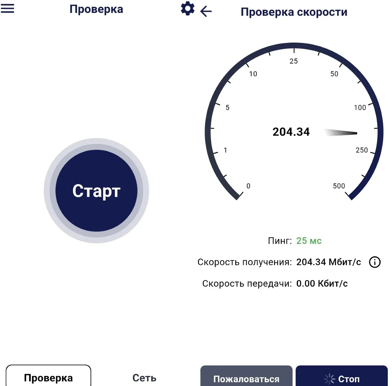 Перейдя в приложение, вам будет доступна проверка соединения. Нажмите кнопку «Старт» и ожидайте