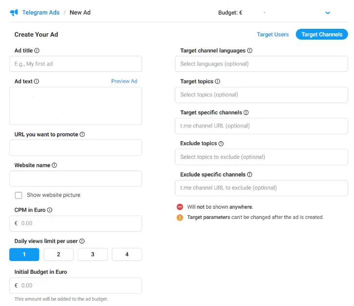 Создание объявления в Telegram Ads