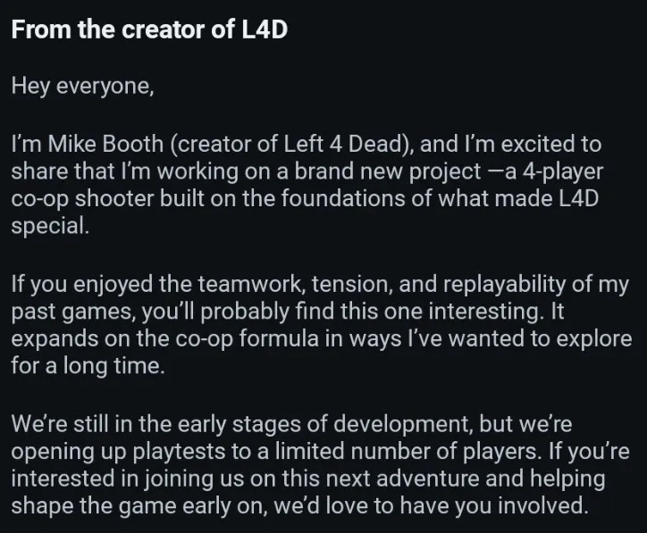 Пост от создателя Left 4 Dead