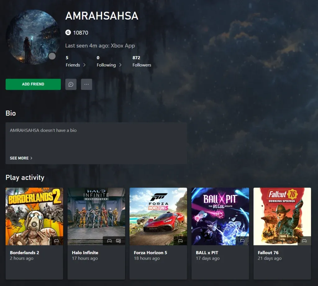 профиль Аши Шармы в интерфейсе Xbox