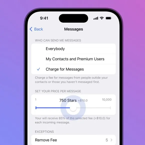 Отправка сообщений за звёзды в Telegram