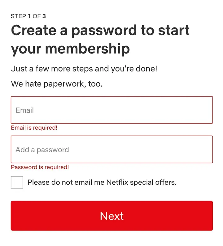 Первый шаг создания аккаунта Netflix