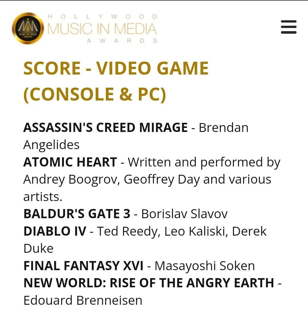Номинанты в категории Score - Video Game (Console &amp; PC)